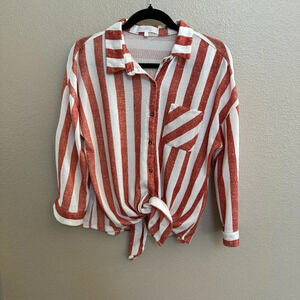 Eden &‎ Olivia Orange White Vertical Stripe Womens Button-Up Tie-Front Shirt